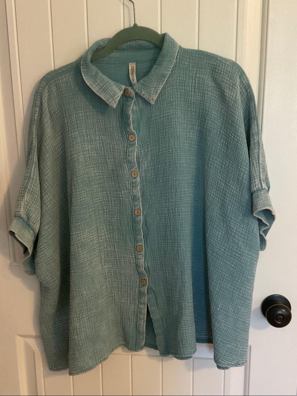 Zenana Outfitters Light Teal Gauze Button Shirt